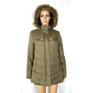 Green Quilted Vegan Puffer Coat Dollhouse Faux Fur Trim Hood Womens Medium EUC